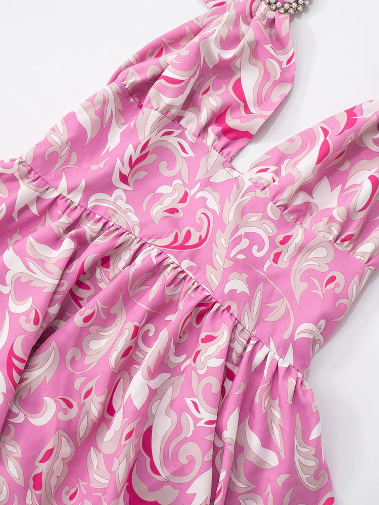 Print Halter Ruffled Sexy Maxi Dress Women Fashion V Neck Sleeveless High Waist Backless Beach Club Party Long Dress