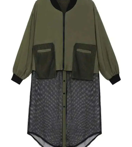 Black Hem Mesh Big Size Irregular Jacket New Stand Collar Long Sleeve Women Coat Fashion Tide Spring Autumn 2025 1DE1813