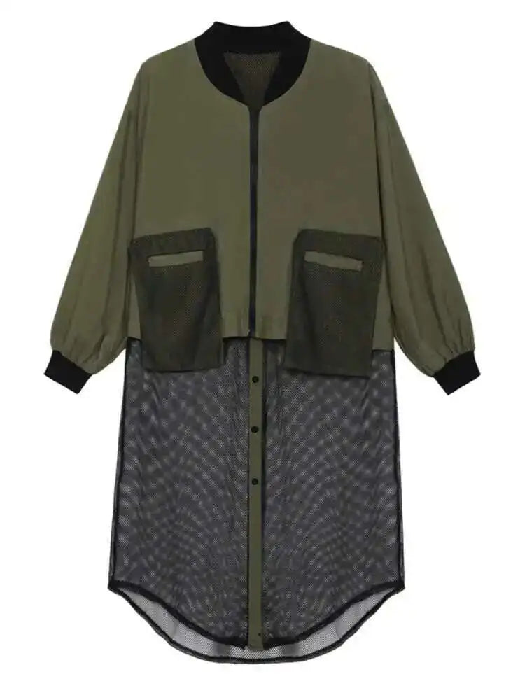 Black Hem Mesh Big Size Irregular Jacket New Stand Collar Long Sleeve Women Coat Fashion Tide Spring Autumn 2025 1DE1813