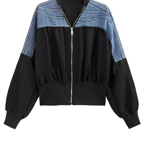 Load image into Gallery viewer, Black Denim Color-block Big Size Casual Jacket New V-neck Long Sleeve Women Coat Fashion Tide Spring Autumn 2025 1DH1842
