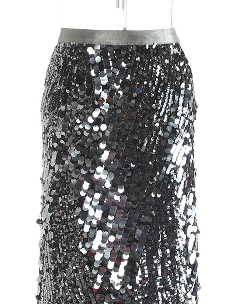 High Elastic Waist Black Sequins Back Slit Elegant Half-body Skirt Women Fashion Tide New Spring Autumn 2025 1DJ1138