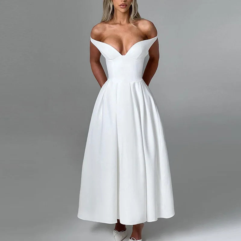 Off-shoulder Backless Pleated Maxi Dress Women Fashion Strapless Sleeveless High Waist A-line Club Long Dress Elegant