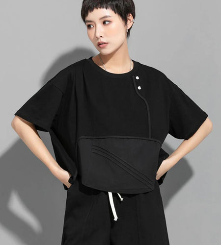 Women Black Button Pleated Irregular Big Size T-shirt New Round Neck Short Sleeve Fashion Tide Spring Summer 2025 1DJ1752