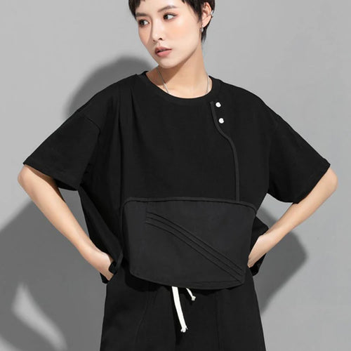Load image into Gallery viewer, Women Black Button Pleated Irregular Big Size T-shirt New Round Neck Short Sleeve Fashion Tide Spring Summer 2025 1DJ1752

