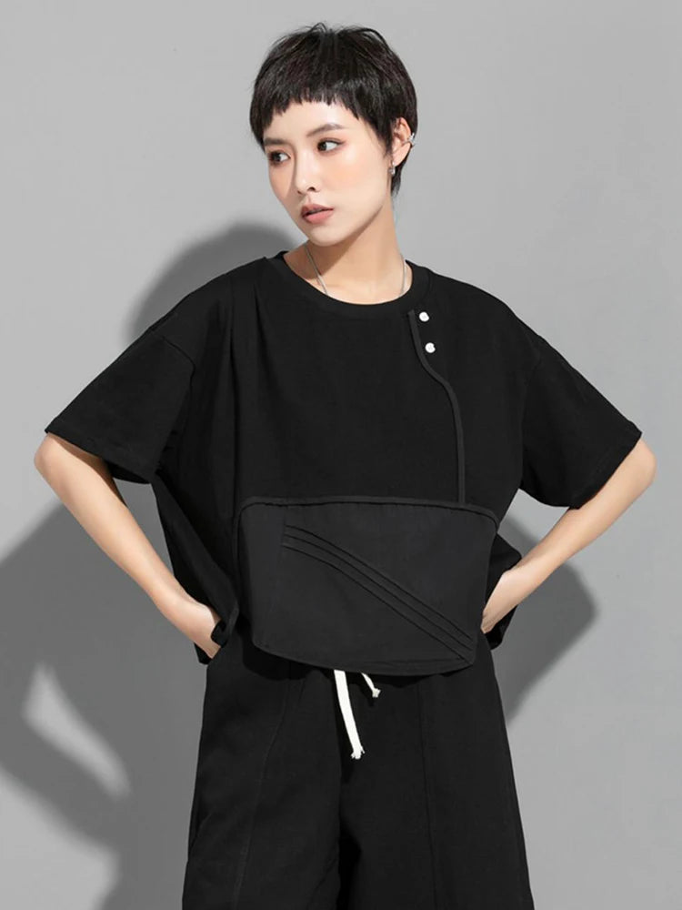 Women Black Button Pleated Irregular Big Size T-shirt New Round Neck Short Sleeve Fashion Tide Spring Summer 2025 1DJ1752