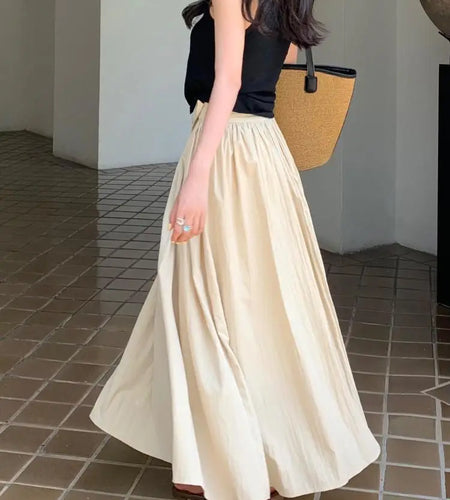 Spring Summer Women Solid Holiday Pleated Half Long Skirts Vintage Elastic High Waist Chic A-line Skirt Simplicity Casual Street