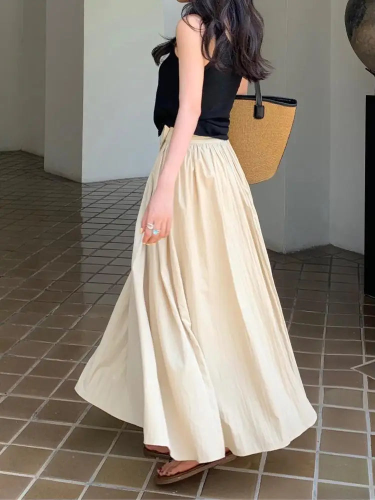 Spring Summer Women Solid Holiday Pleated Half Long Skirts Vintage Elastic High Waist Chic A-line Skirt Simplicity Casual Street