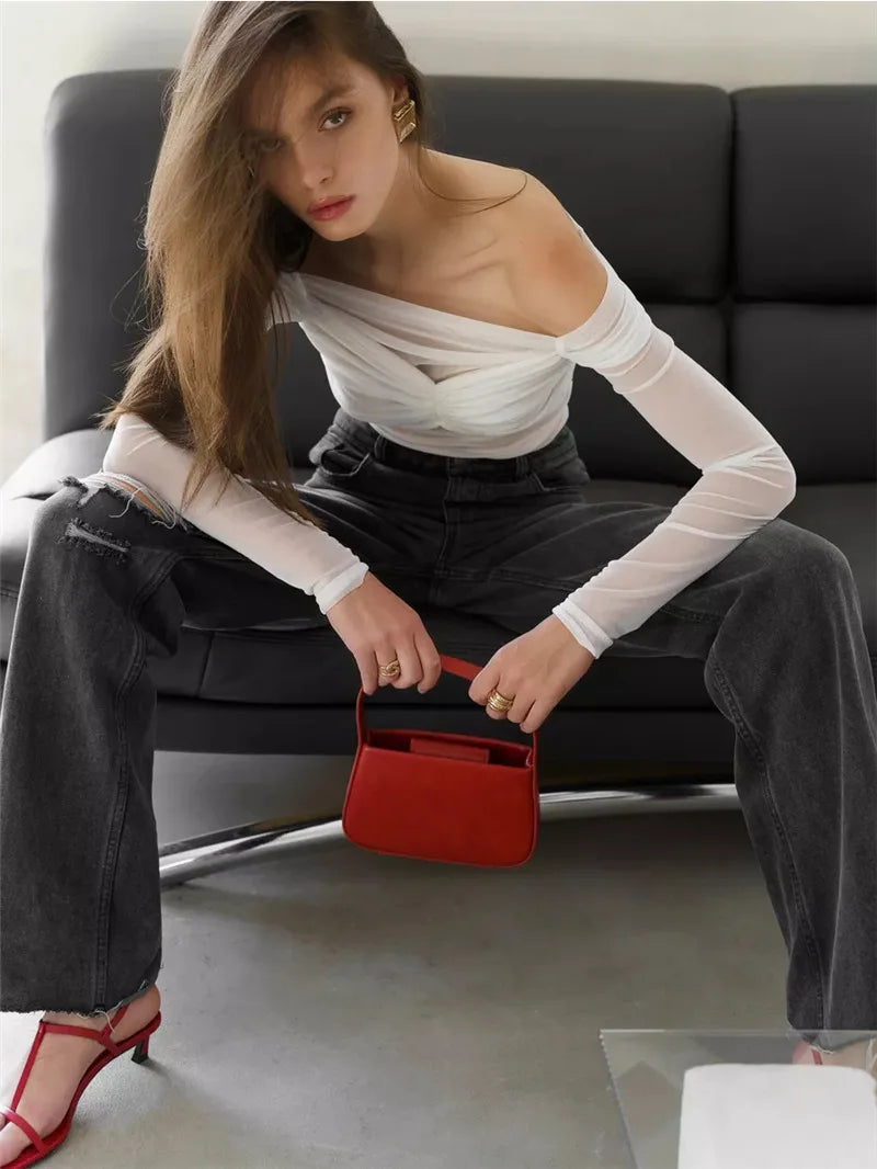 Summer Mesh Off-shoulder T-shirt Women Fashion Pleated Bust Backless Tees Tops Female Elegant Strapless See Through Top