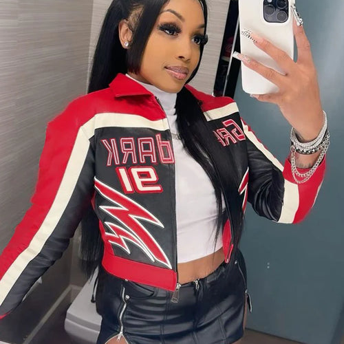 Load image into Gallery viewer, Letter Locomotive Jacket Women Varsity Cool Hipster Embroidery Patchwork Full Sleeve Wild Streetwear Fashion Short Coat
