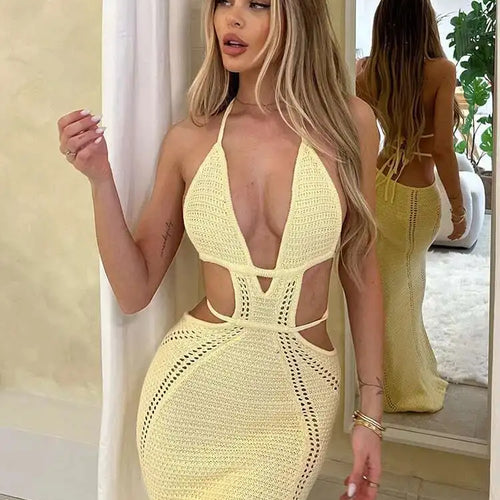 Load image into Gallery viewer, Hollow Out Halter Sexy Mini Dress Women Summer New Sleeveless Backless Skinny Club Party Knit Tank Dress Vestido
