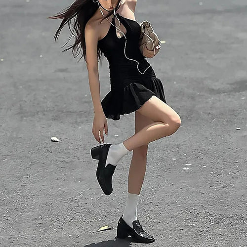 Load image into Gallery viewer, Cross Halter Mini Dress with Mesh Ruffle Hem Y2k Sexy Club Outfits Woman Korean Fashion Summer Dresses Black P16-BF17
