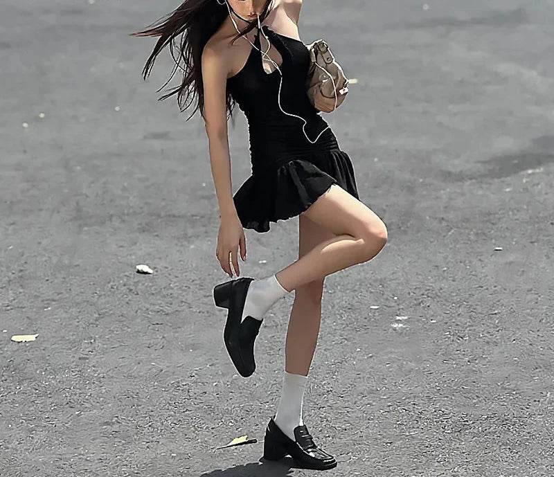 Cross Halter Mini Dress with Mesh Ruffle Hem Y2k Sexy Club Outfits Woman Korean Fashion Summer Dresses Black P16-BF17