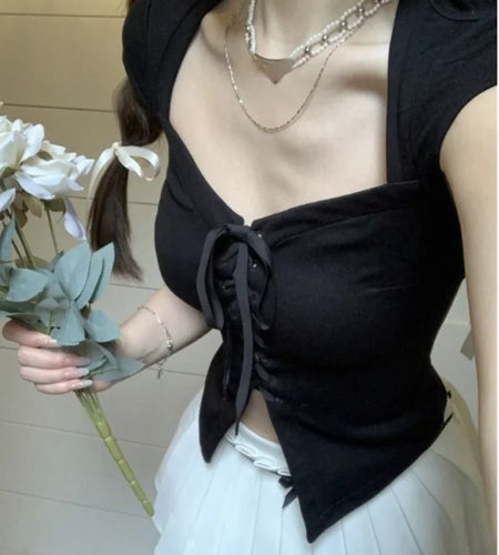 Bandage Short Sleeve Slim T-shirts Y2k Aesthetic Basic Sexy Split Cropped Top Women Fashion Streetwear Fairy Solid Harajuku Tees