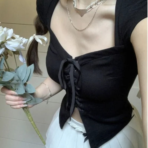 Load image into Gallery viewer, Bandage Short Sleeve Slim T-shirts Y2k Aesthetic Basic Sexy Split Cropped Top Women Fashion Streetwear Fairy Solid Harajuku Tees
