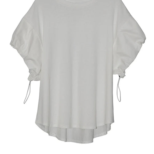 Load image into Gallery viewer, Women Black Drawstring Big Size Casual T-shirt New Round Neck Short Sleeve Fashion Tide Spring Summer 2025 1DJ1889
