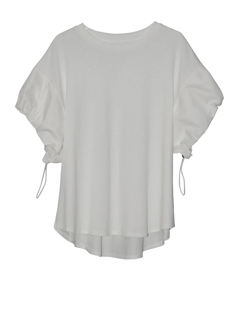 Women Black Drawstring Big Size Casual T-shirt New Round Neck Short Sleeve Fashion Tide Spring Summer 2025 1DJ1889