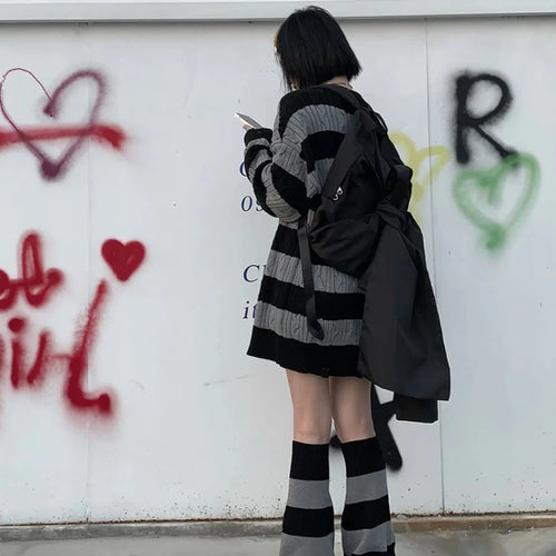 Load image into Gallery viewer, Gothic Sweaters Women Two Pieces Set Harajuku Knitted Striped Jumper + Leg Warmmer Y2k Aesthetic Grunge Tops Streetwear
