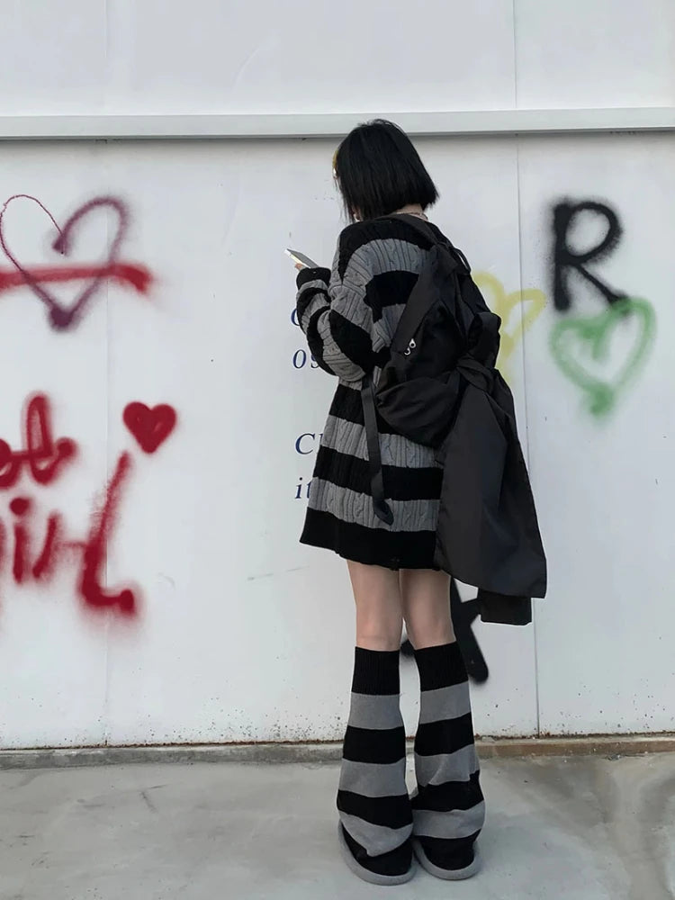 Gothic Sweaters Women Two Pieces Set Harajuku Knitted Striped Jumper + Leg Warmmer Y2k Aesthetic Grunge Tops Streetwear