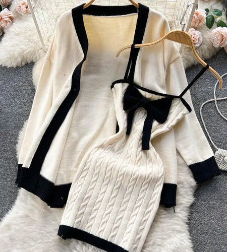 Autumn Winter Patchwork Knit Sweater Suit Single Breasted Cardigan Top+ Strap Bow Twist Bodycon Slip Dress Women Warm Sets Trend
