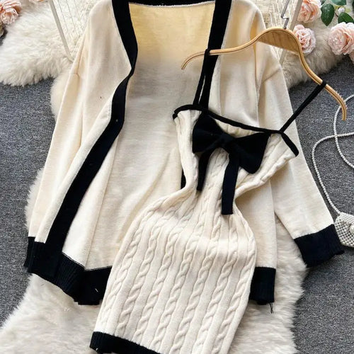 Load image into Gallery viewer, Autumn Winter Patchwork Knit Sweater Suit Single Breasted Cardigan Top+ Strap Bow Twist Bodycon Slip Dress Women Warm Sets Trend
