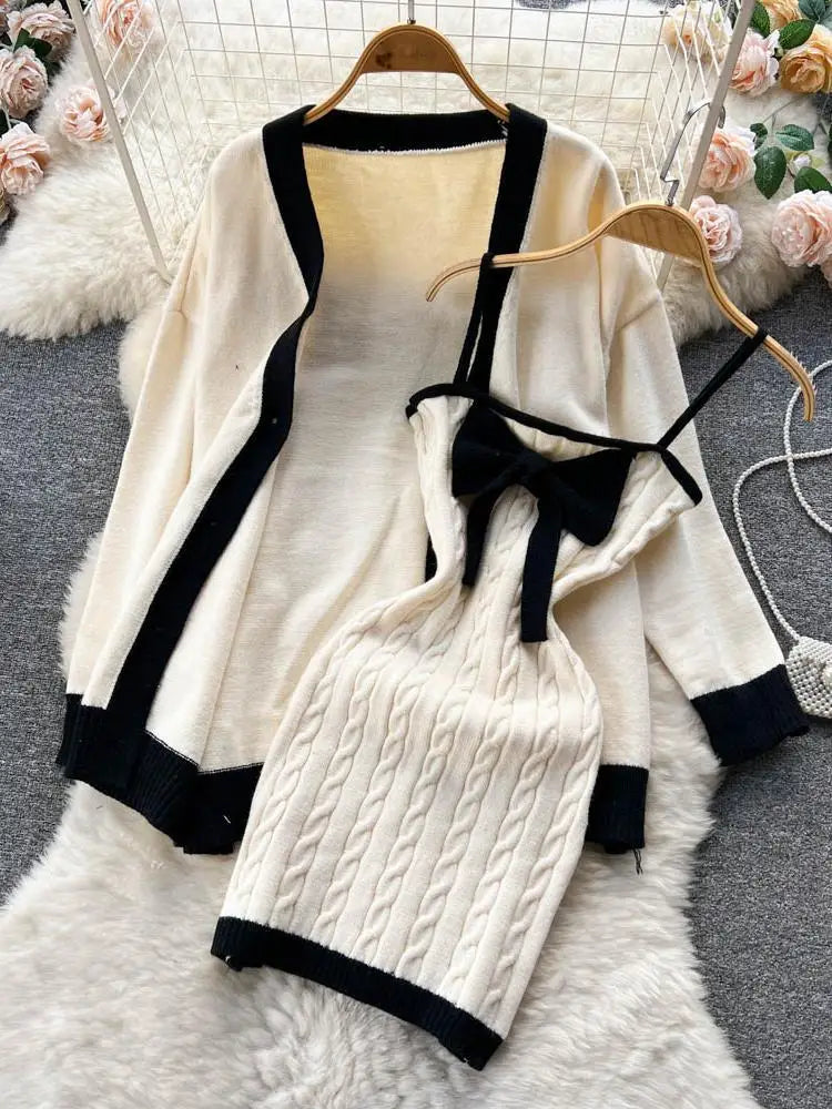 Autumn Winter Patchwork Knit Sweater Suit Single Breasted Cardigan Top+ Strap Bow Twist Bodycon Slip Dress Women Warm Sets Trend