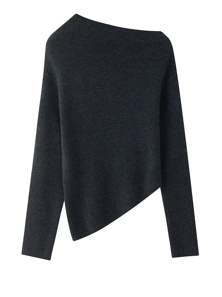 42% Wool Elegant Knitting Sweater Skew Collar Long Sleeve Women Pullovers New Fashion Tide Spring Autumn 2025 1DH9240