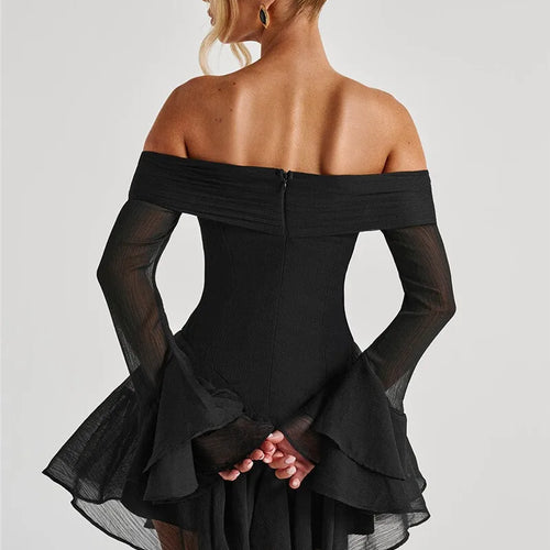 Load image into Gallery viewer, Strapless Long Flare Sleeve Sexy Mini Dress For Women Robe Off-shoulder Backless High Waist A-line Club Party Dress
