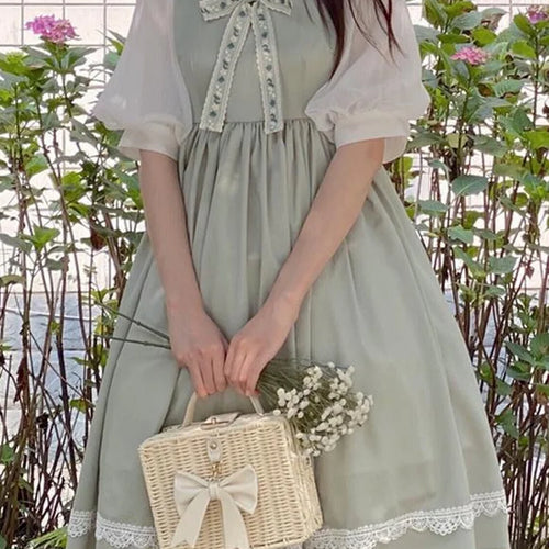 Load image into Gallery viewer, Sweet Kawaii Lolita Dress Women Preppy Style School Puff Sleeve Dresses Cute Peter Pan Collar Student Clothes Summer

