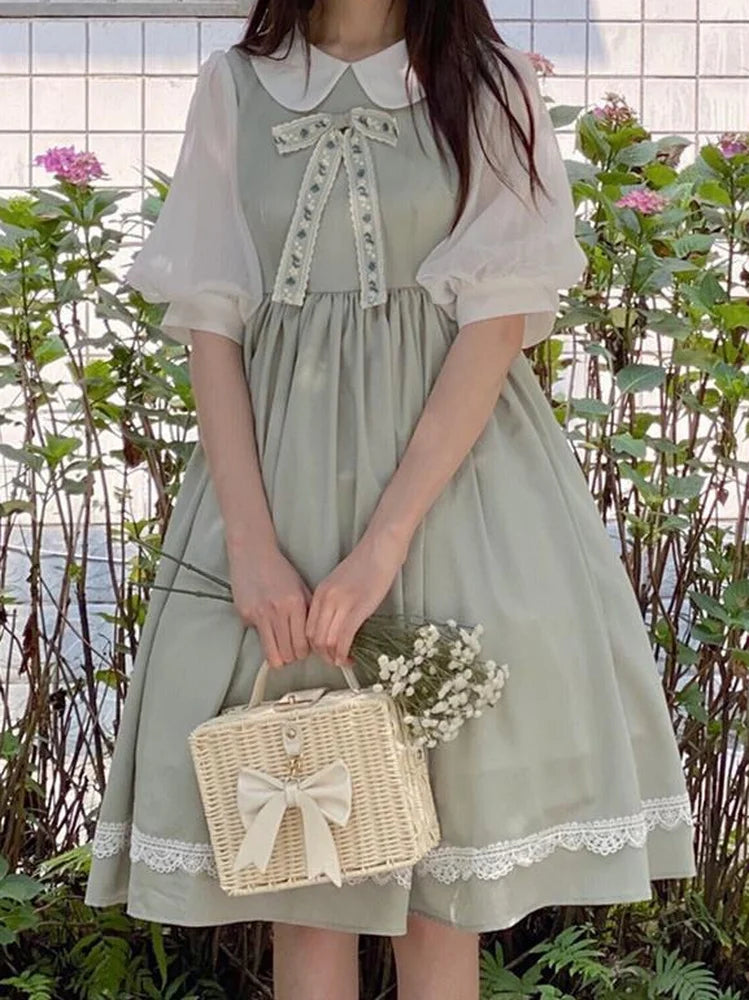 Sweet Kawaii Lolita Dress Women Preppy Style School Puff Sleeve Dresses Cute Peter Pan Collar Student Clothes Summer