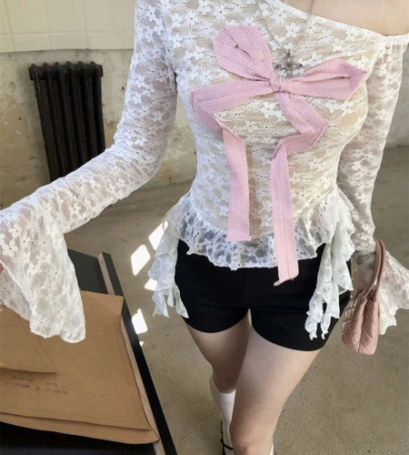Women Clothing Sexy Lace T Shirts Crop Tops Flare Sleeve Off Shoulder Tees Tunic Korean Camisetas Vow Ruffles Irregular T-shirt
