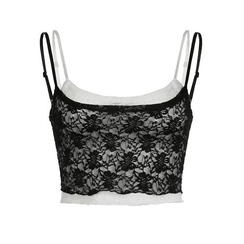 Load image into Gallery viewer, Fashion Strap Black White Lace Top Camisole Transparent Skinny Sexy Party Crop Tops Women Summer Contrast Color Retro
