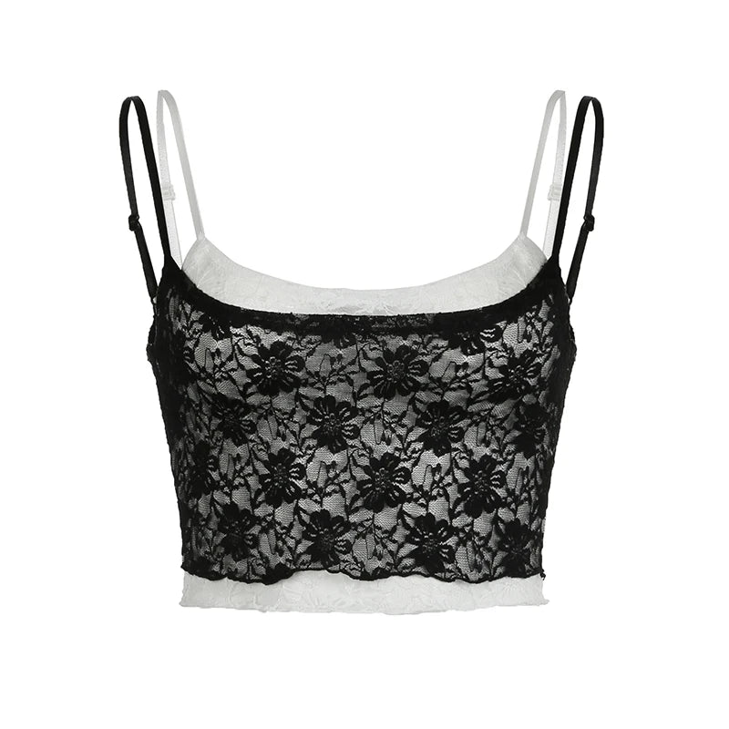 Fashion Strap Black White Lace Top Camisole Transparent Skinny Sexy Party Crop Tops Women Summer Contrast Color Retro