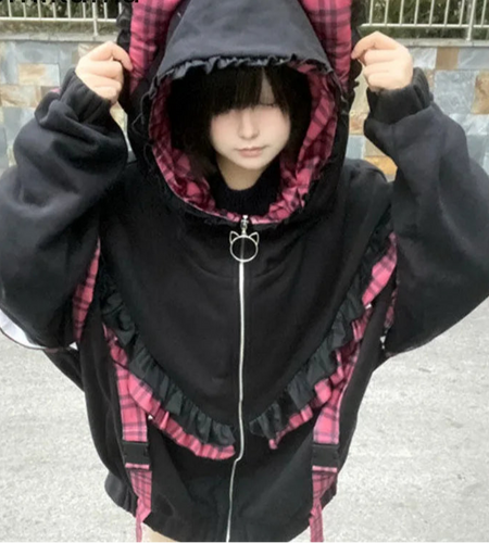 Japanese Jackets for Womens Streetwear Oversized Outwear Patchwork Plaid Ruffles Zipper Hooded Thicked Casual Fashion Y2k Tops