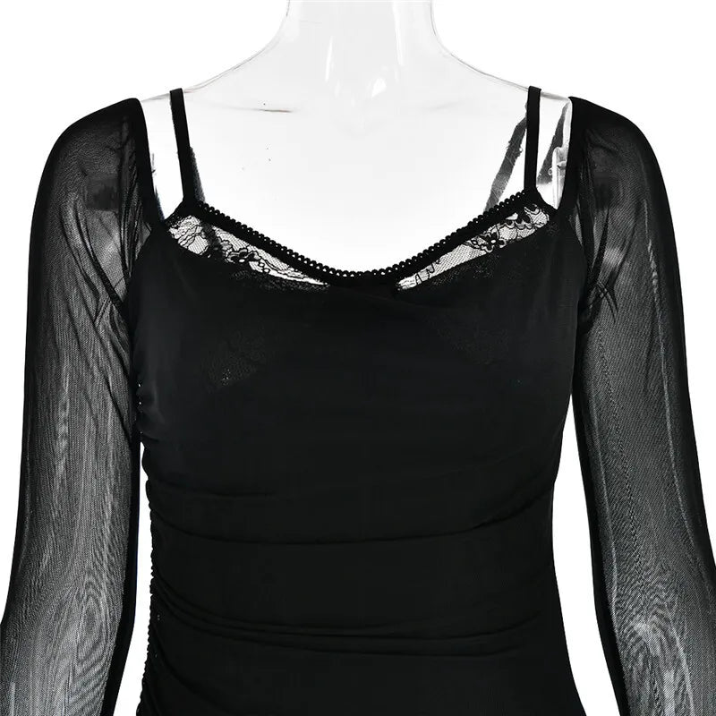 Elegant Sheer Long Sleeve Sexy Maxi Dress For Women Fashion Mesh Strapless Backless Club Party Sexy Long Dress New