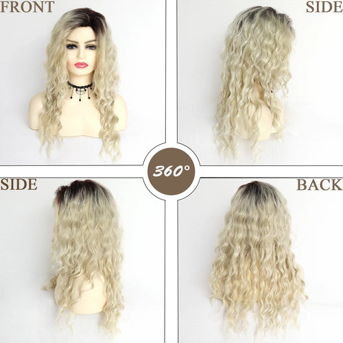 Load image into Gallery viewer, Blonde Curly Wig Synthetic Hair Natural Long Wave Wigs for White Women Free Part Dark Roots Ombre Wigs Drag Wavy Wig+Stickers
