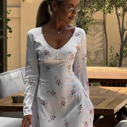 Load image into Gallery viewer, Elegant Satin Long Sleeved Printed Short Skirt For Women Slim V-neck High Waist Female Vestidos Beach Party Summer 2024
