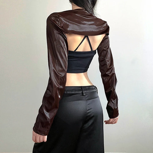 Load image into Gallery viewer, Moto Style Brown Buckle Metal Leather Jacket Smock Top Super Short Streetwear Retro Autumn Coat Female PU Jackets New
