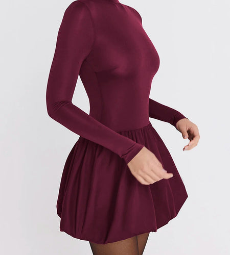 Elegant Long Sleeved Pleated Dress For Women Stretchy Tight High Neck Winter Skirt Double-layer Slim Vestido 2025