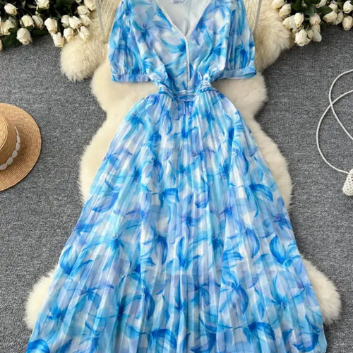 Load image into Gallery viewer, French Retro Romantic Women's Elegant Print V-neck Short Sleeved Pleated Long Dress Summer Vacation Party Evening Dress Bohemian
