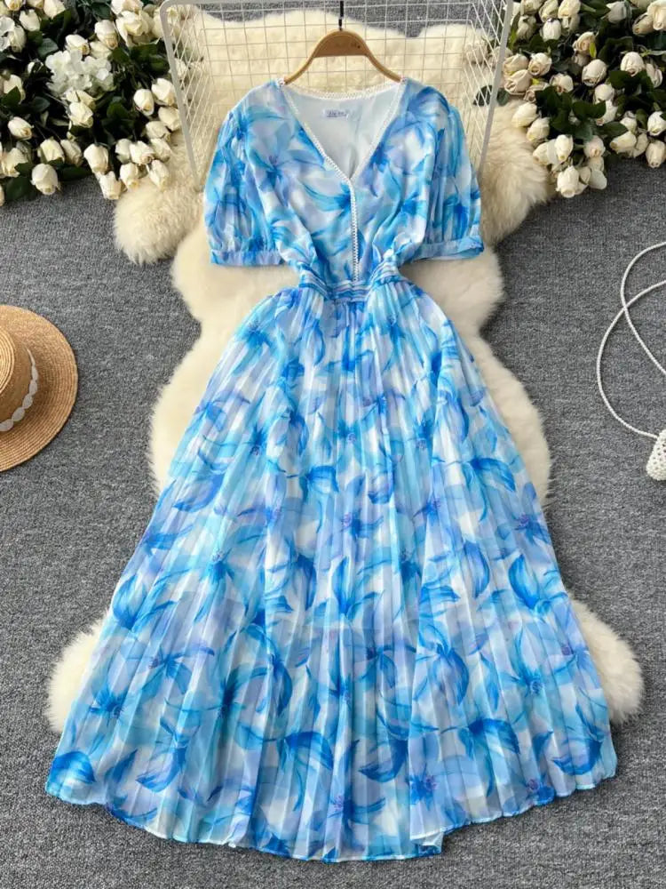French Retro Romantic Women's Elegant Print V-neck Short Sleeved Pleated Long Dress Summer Vacation Party Evening Dress Bohemian