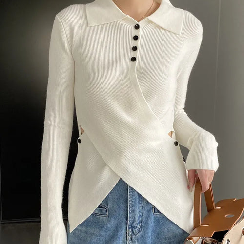 Load image into Gallery viewer, Solid Minimalist Knitting Sweaters For Women Lapel Long Sleeve Patchwork Button Slimming Sweater Female Fashion
