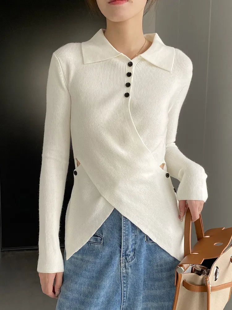 Solid Minimalist Knitting Sweaters For Women Lapel Long Sleeve Patchwork Button Slimming Sweater Female Fashion