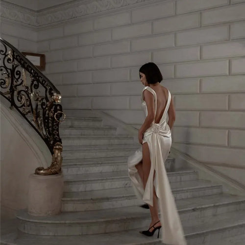 Load image into Gallery viewer, Satin Backless Sexy Maxi Dress For Women Elegant Rose Thigh High Split Beach Holiday Long Dress Gorgeous Club Gown
