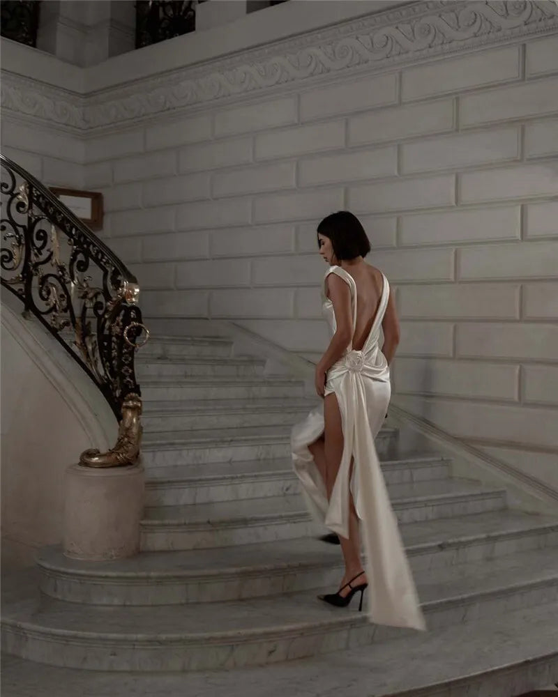 Satin Backless Sexy Maxi Dress For Women Elegant Rose Thigh High Split Beach Holiday Long Dress Gorgeous Club Gown