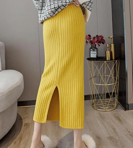 Women Solid Striped Pencil Midi Knitted Skirt High Waist Ladies Autumn Winter Warm Straight Elastic Waist Wrap Hip Split Skirts