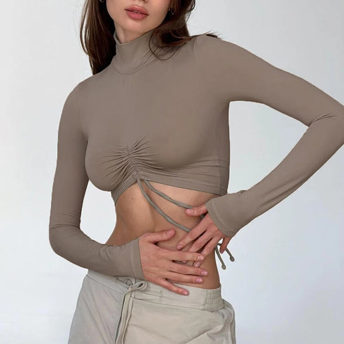 Load image into Gallery viewer, Casual Basic Skinny Long Sleeve Tee Shirts Female Turtleneck Drawstring Slim Fashion Sexy Crop Tops Autumn T-shirts
