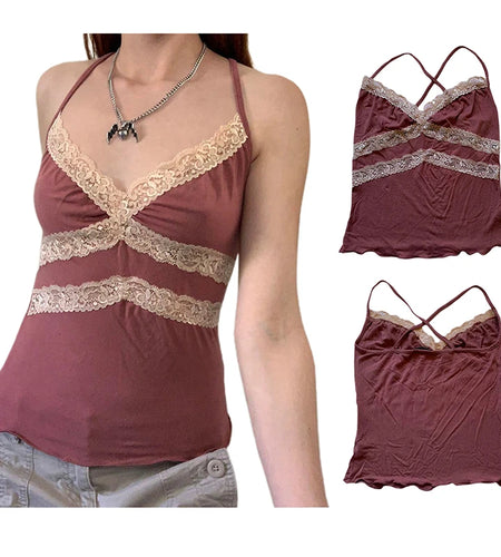 y2k Aesthetic Sweet Kawaii Tops Vintage Fairycore Lace Patchwork Casual Camisole Frill Casual Women Shirts 2000s Tee