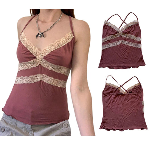 y2k Aesthetic Sweet Kawaii Tops Vintage Fairycore Lace Patchwork Casual Camisole Frill Casual Women Shirts 2000s Tee