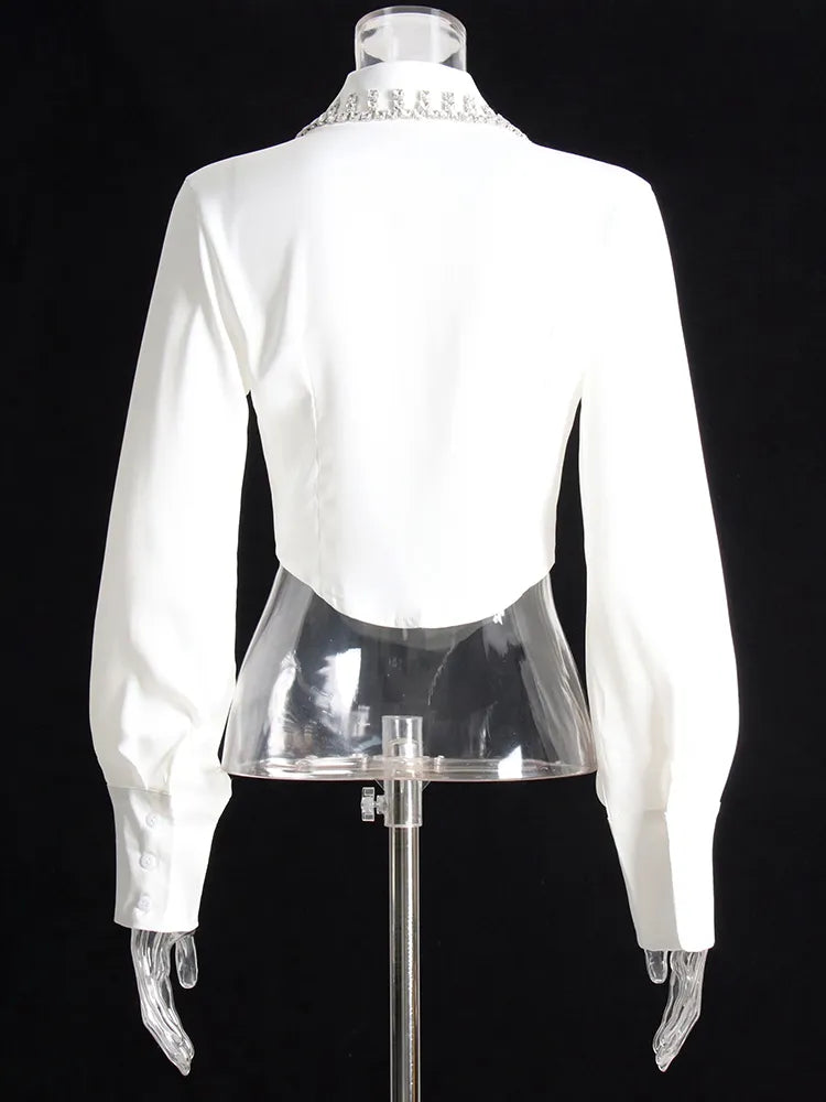 Y2k White Slim Shirt For Women Lapel Long Sleeve Patchwork Diamonds Solid Button Through Blouse Female Clothing