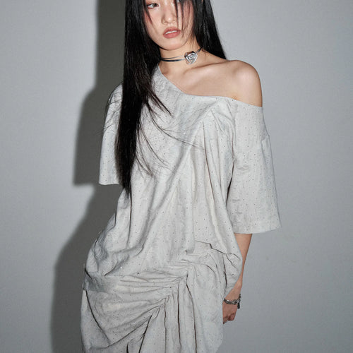 Load image into Gallery viewer, Shining T-shirt Irregular Skirt Two Pieces Suit New Skew Collar Sleeve Women Fashion Tide Spring Summer 2025 1DJ1461
